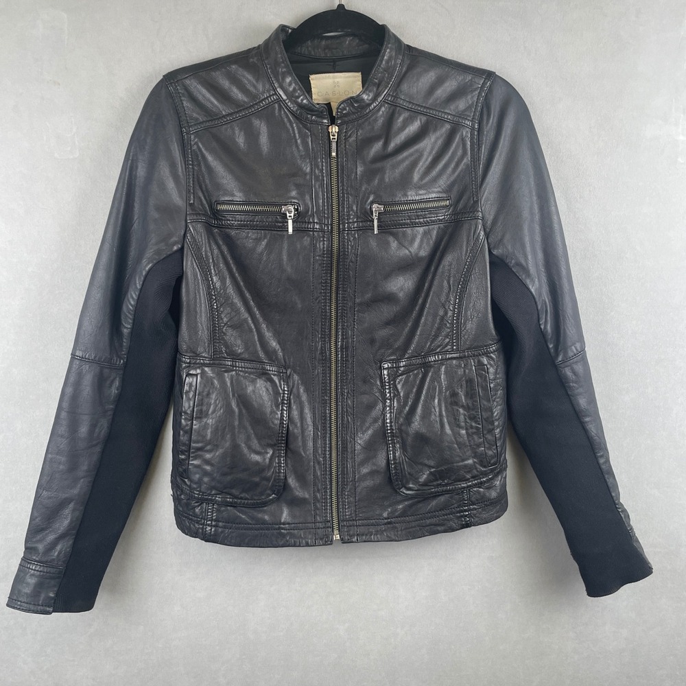 Caslon Black Premium Leather Sleek Moto Jacket S Knit Stretch Panels Zip Pockets